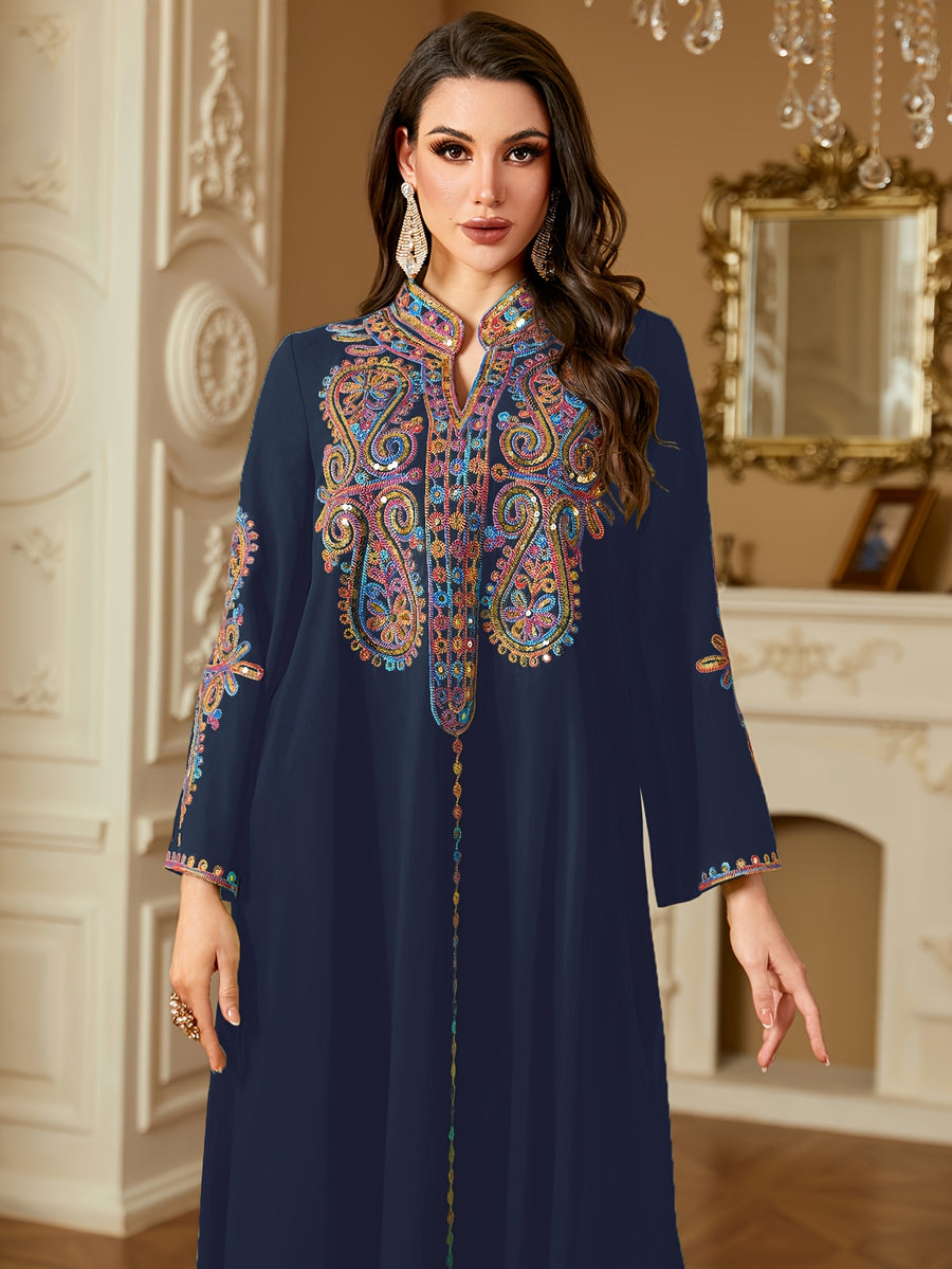 Elegant Middle Eastern/Arabic -Line Maxi Dress with V-Neck & Long Sleeves - Loose Fit -Length Dress Suitable for Ramadan Weddings, Cultural Events - Machine Washable Traditional Muslim Gown - Navy Color