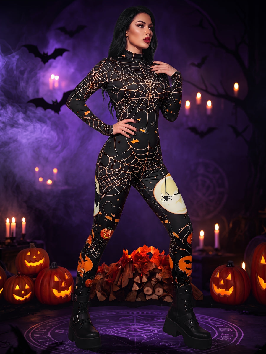 Halloween and Carnival Costume for Women, New Autumn/Winter Style, Role-Play Themed Party Eye-Catching Outfit, Stretchy Bodycon Sexy Jumpsuit with Festive Atmosphere - Black