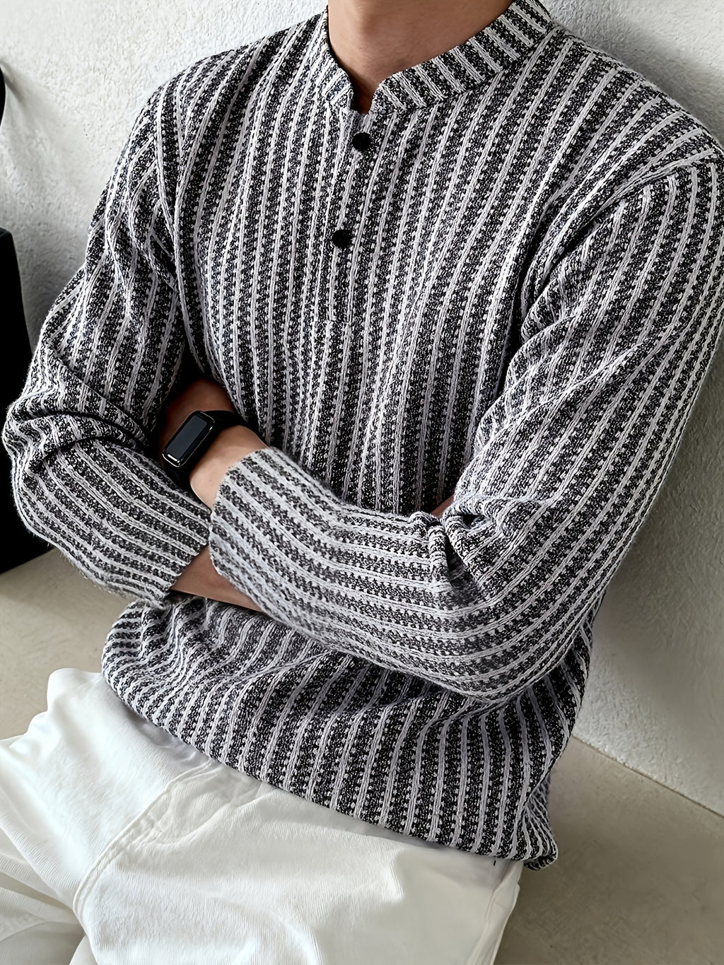Men's Fashion Solid Color V-Neck Henley Shirt, Machine Washable, Not  Cleanable, Durable Fabric - Black And White Color