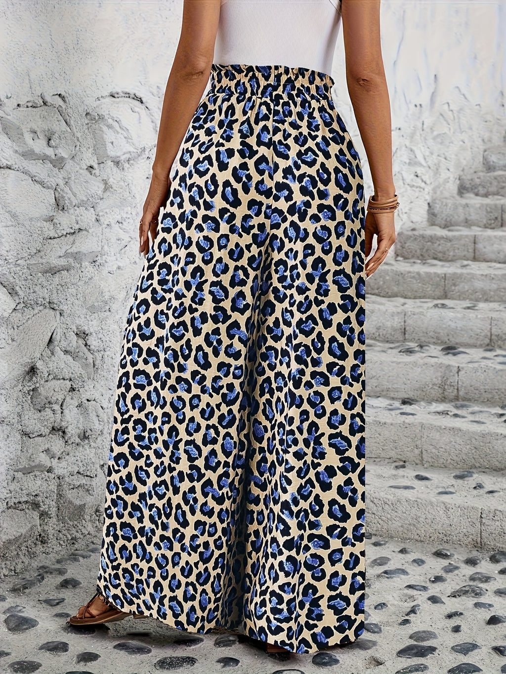 Women's Casual Elastic Waistband Printed Wide-Leg Pants - Blue Leopard Print