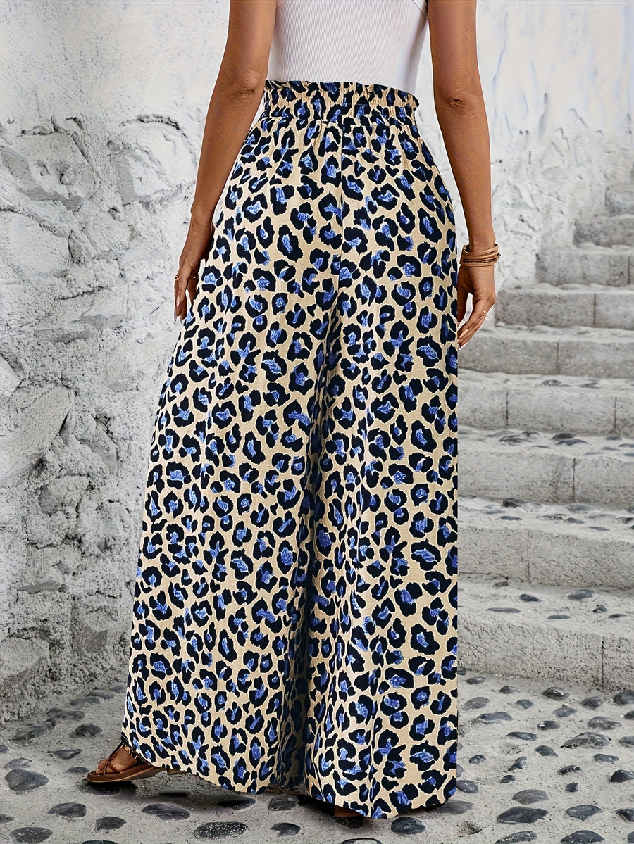 Women's Casual Elastic Waistband Printed Wide-Leg Pants - Blue Leopard Print