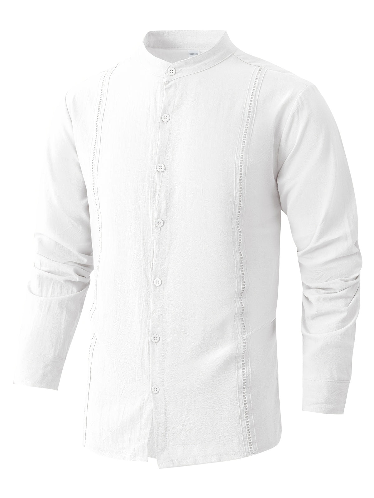 [Mai Qiqi OBM] Men'S Beach Vacation Shirt Stand-Up Collar Linen Lace Texture Long-Sleeved Top Light And Breathable Summer Vacation Outfit - White