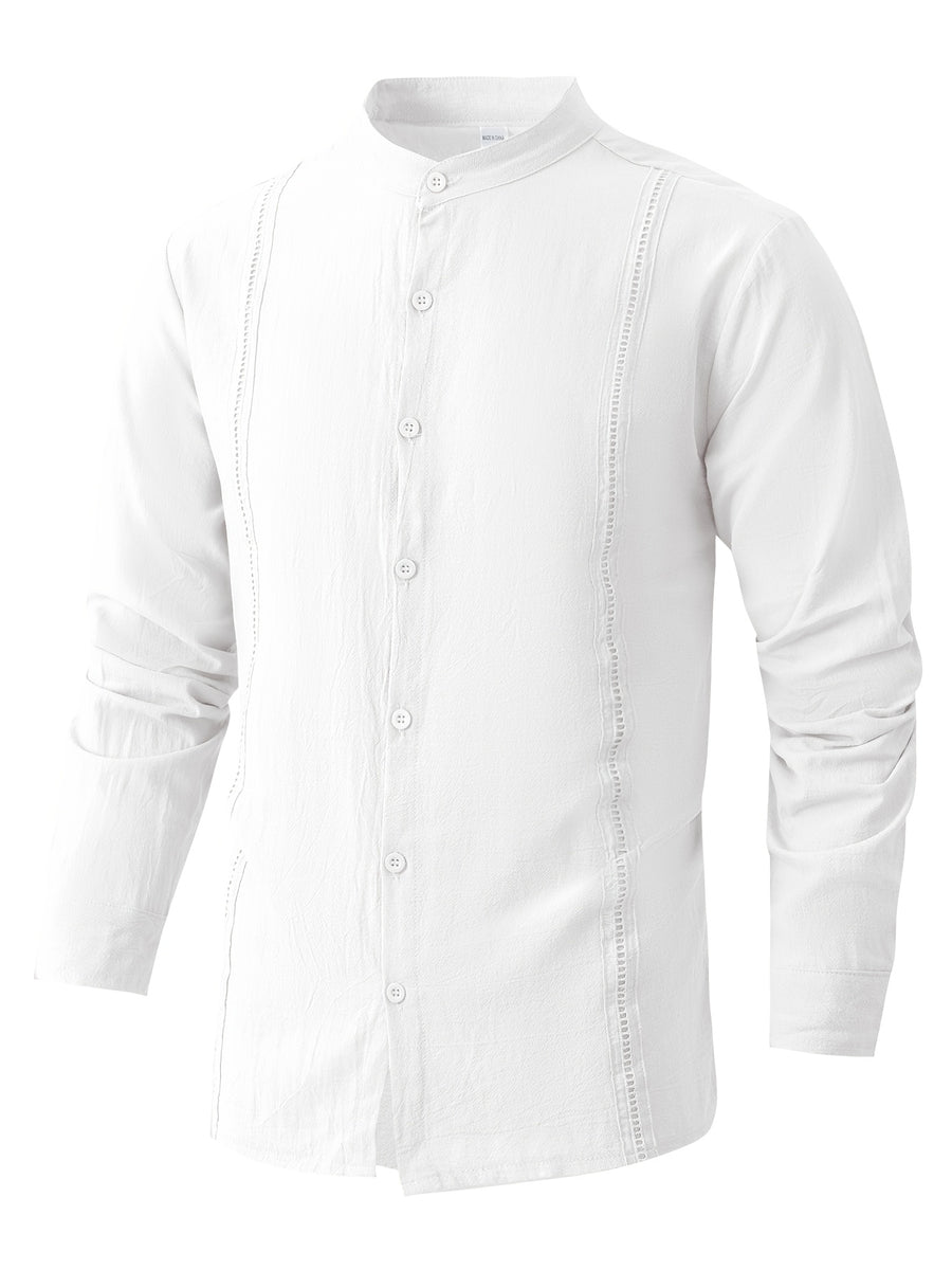 [Mai Qiqi OBM] Men'S Beach Vacation Shirt Stand-Up Collar Linen Lace Texture Long-Sleeved Top Light And Breathable Summer Vacation Outfit - White