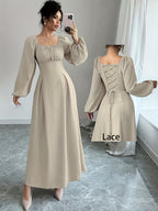 Elegant Women's Long Dress with Square Neckline, Lantern Sleeves, Pleats, and Back Bow, Solid Color, Suitable for Autumn Long Wear - Khaki