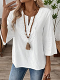 New Women'S V-Neck Lace Trim Blouse, Half-Sleeve Comfortable And Casual Vintage Clothing - White