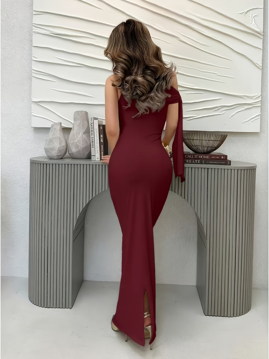 Women'S Solid Asymmetrical Shoulder Tie Pleated Elegant Slit Hem Graduation Dress - Deep Red