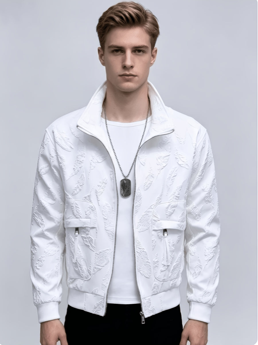 New Autumn And Spring Solid Color Light Mature Style Embroidered Quality Jacket for Men, Slim Fit Youth Korean Style Zip-Up Jacket - White
