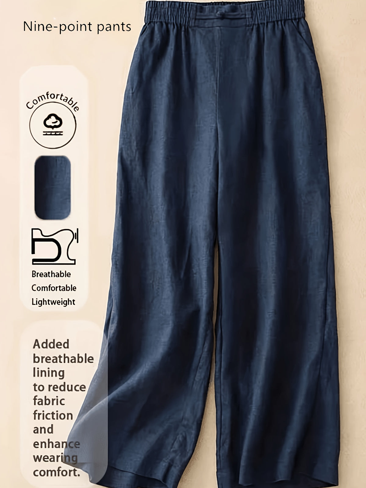 Women's Straight-Leg Ankle Pants with Button Closure & Detail - Loose-Fit Trousers Suitable for Seasons, Solid Color Casual to Dressy Wear, Machine Washable Non-Stretch Pants for Office, Everyday Outfits - Navy Color