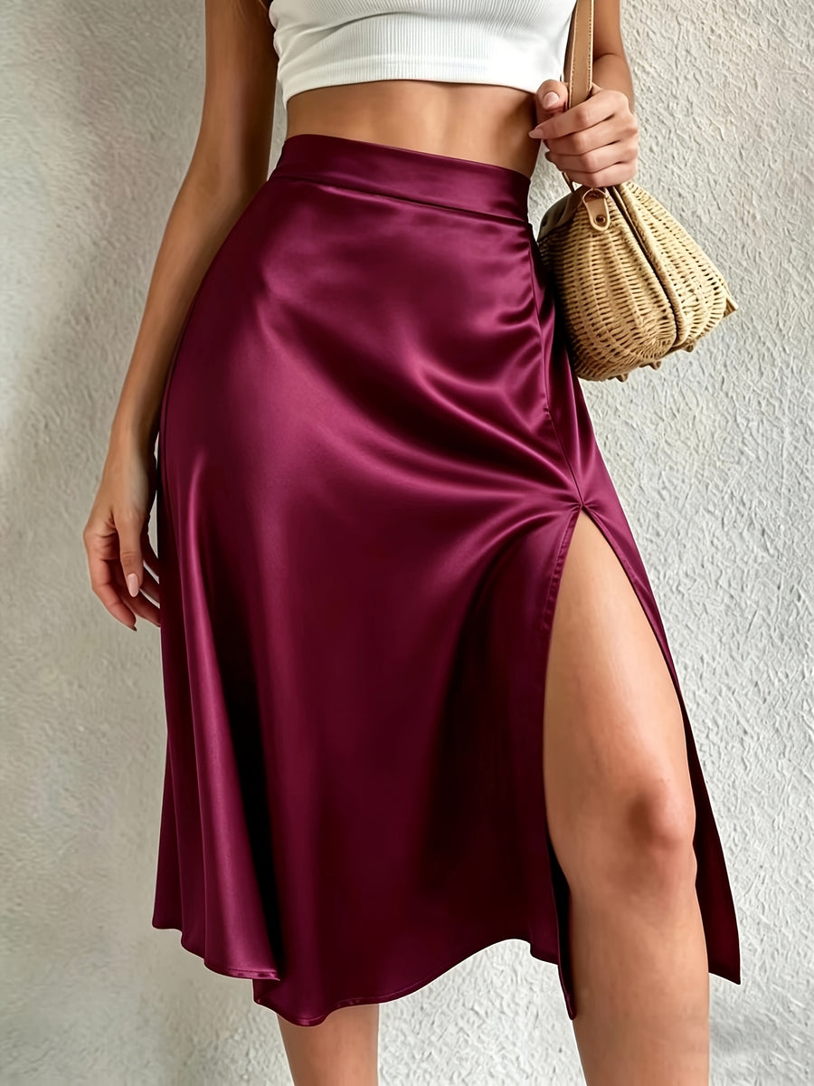 Light Luxury Satin A-Line Skirt with High Slit, Date And Commute Versatile Skirt - Burgundy
