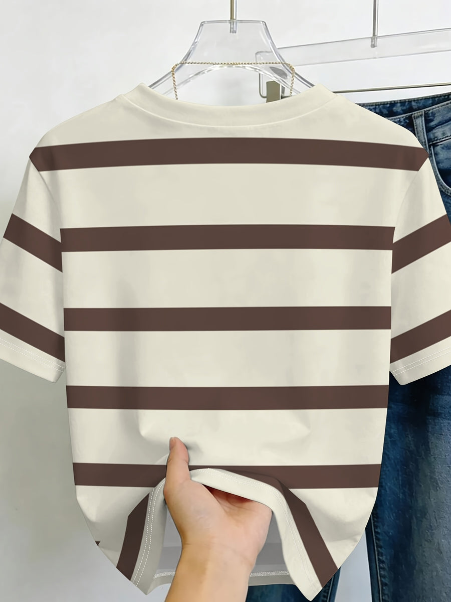 Striped Women'S Printed Round Neck Short Sleeve T-Shirt Top Casual Brown White Horizontal Stripes Summer All-Match Style - Mixed colors