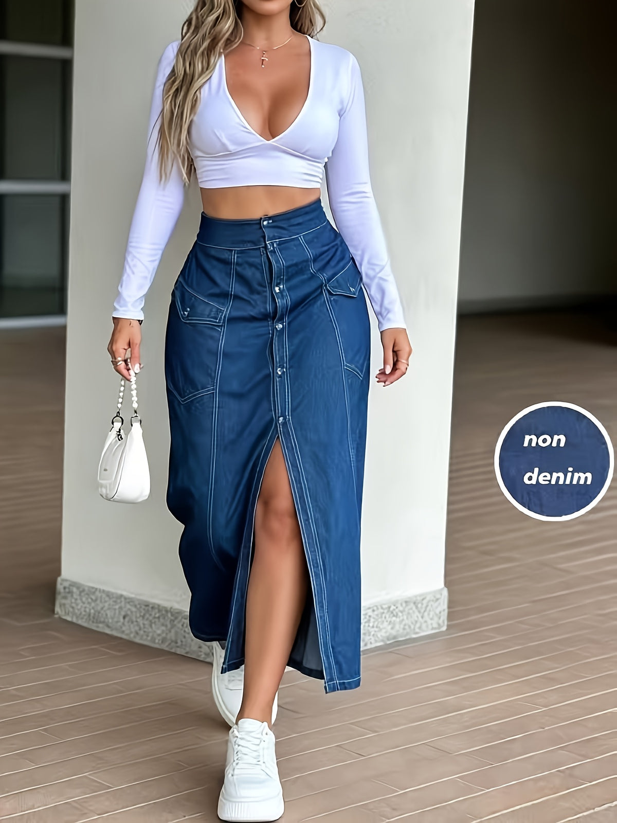 [Printed Skirt - Not Denim Fabric]Spring/Autumn High-Waist Retro Half-Skirt, Women'S Button-Front Slit Hem Casual Long Skirt (Non-Denim) - Blue