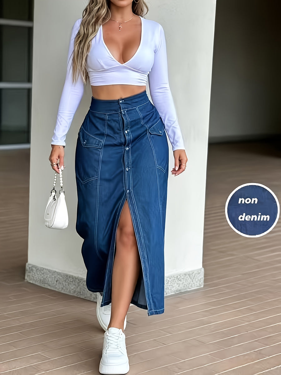 [Printed Skirt - Not Denim Fabric]Spring/Autumn High-Waist Retro Half-Skirt, Women'S Button-Front Slit Hem Casual Long Skirt (Non-Denim) - Blue