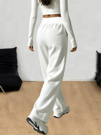 Women's High-Waisted Stretch Straight-Leg Pants - Elegant Loose-Fit Trousers with Pockets, Solid Color Athletic & Casual Wear Suitable for Training, Gym,, Everyday - Machine Washable Comfortable Wide-Leg Pants - White