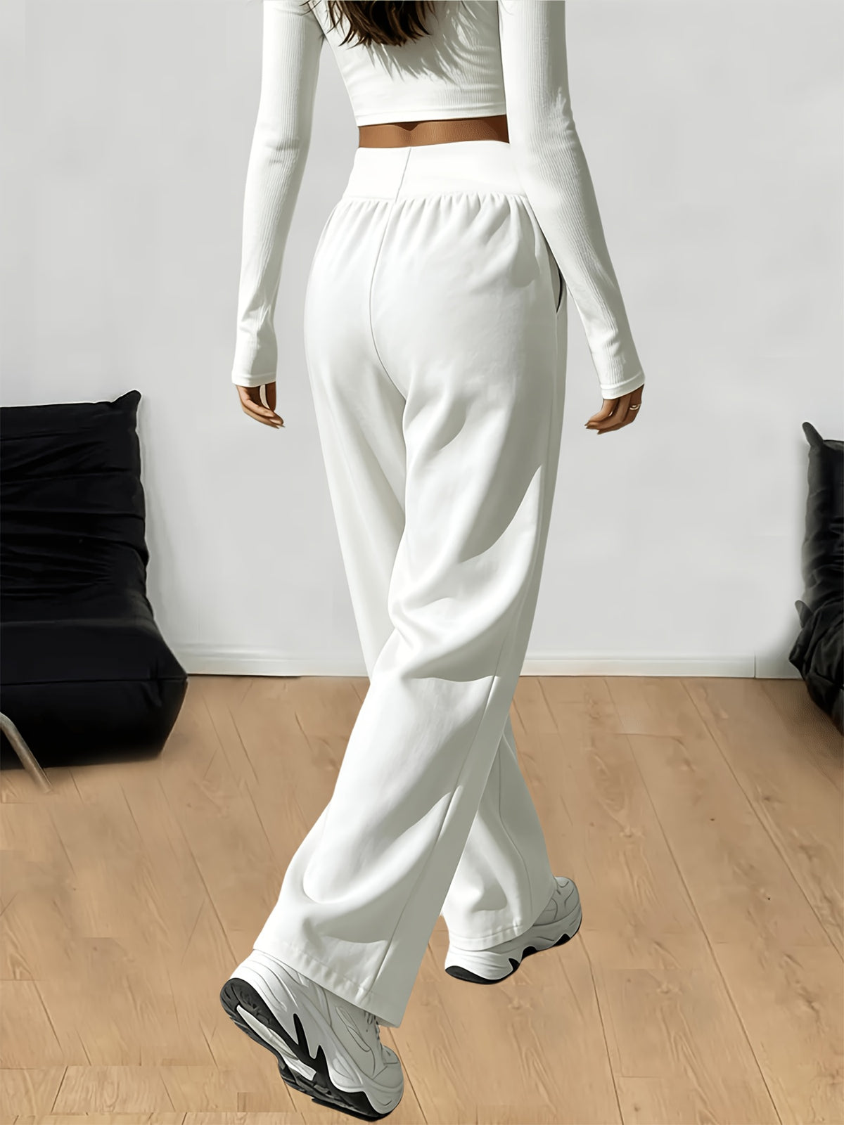 Women's High-Waisted Stretch Straight-Leg Pants - Elegant Loose-Fit Trousers with Pockets, Solid Color Athletic & Casual Wear Suitable for Training, Gym,, Everyday - Machine Washable Comfortable Wide-Leg Pants - White