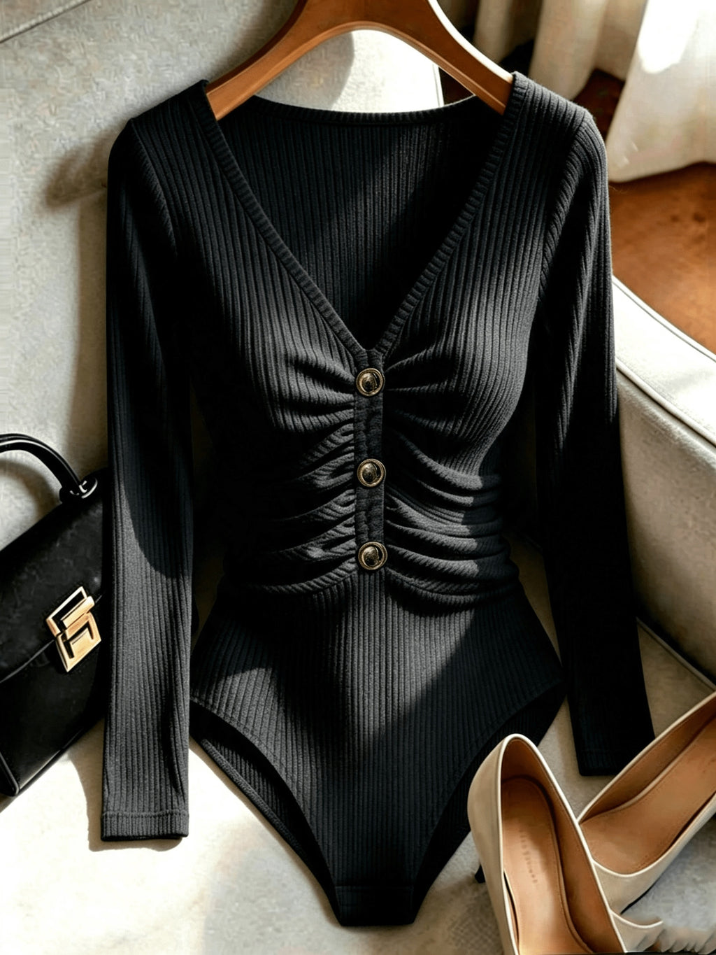 Women's Elegant Fitted V-Neck Ribbed Top with Golden Button Accents - Black