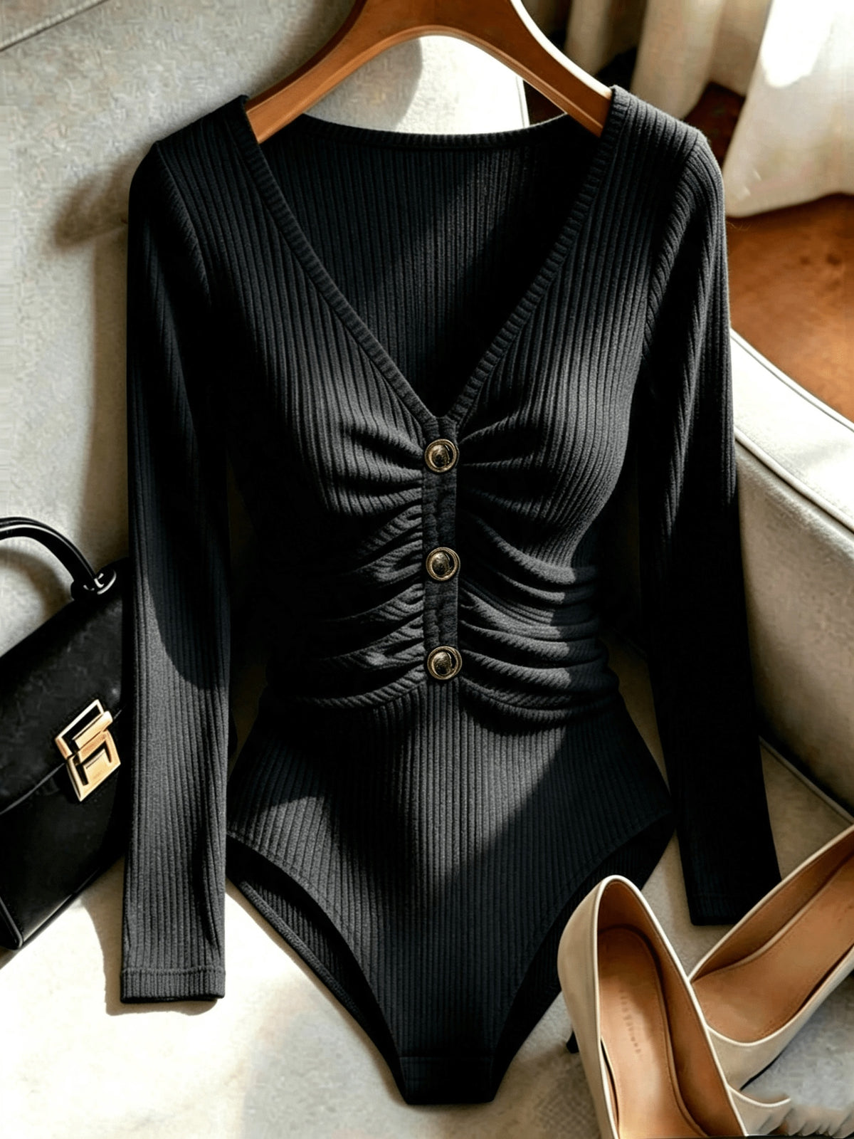 Women's Elegant Fitted V-Neck Ribbed Top with Golden Button Accents - Black