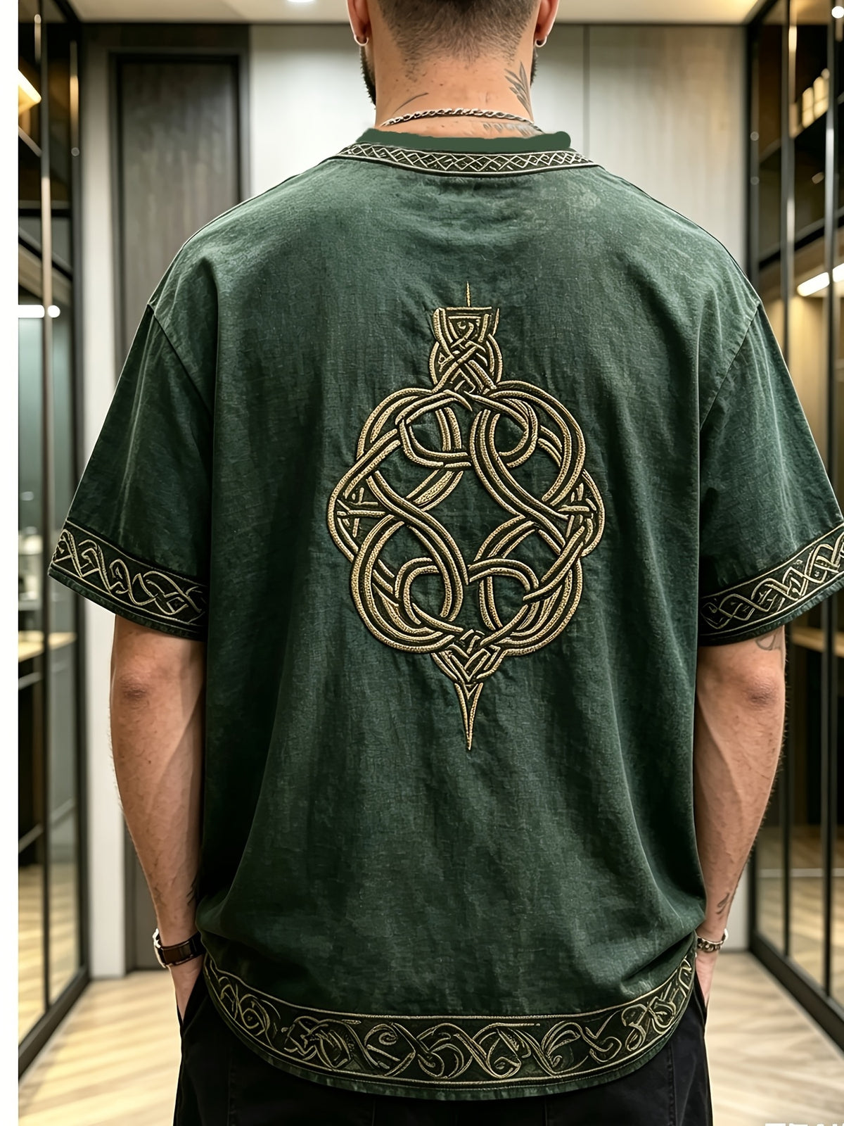 [Print Design - Not Texture] Summer Print Men'S T-Shirt, Men'S Celtic Knot Ethnic Style Print Short Sleeve T-Shirt (Pattern Is Print, Not Embroidered) Retro Tribal Style Round Neck Top, Casual/Cultural Wear, a Perfect Trendy Gift - Mixed colors