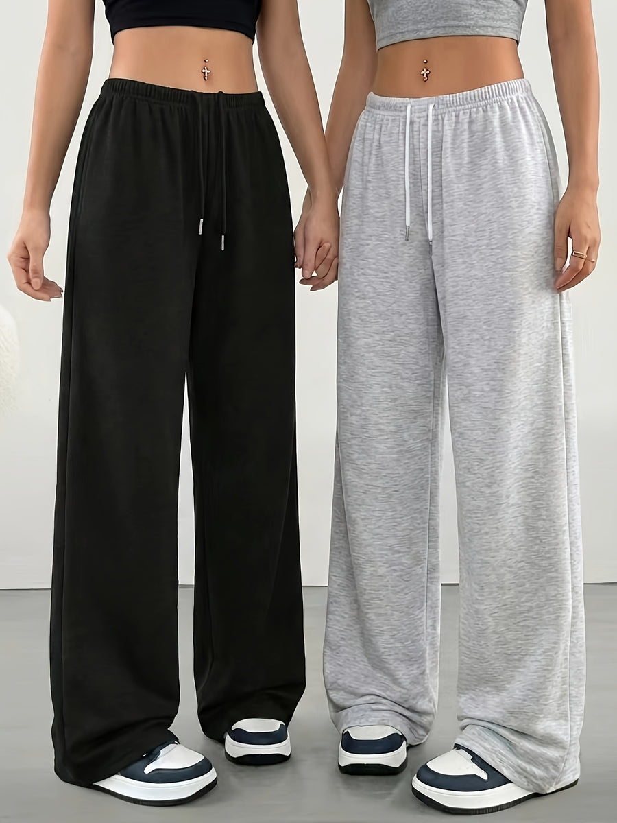 2pcs Women's Casual Wide-Leg Pants, Elastic Waistband - Loose-Fit Medium-Stretch Fabric, Machine Washable, Spring/Summer/Autumn Casual Wear, Jogging, Home Wear Medium-Stretch Trousers - Black+Light Grey