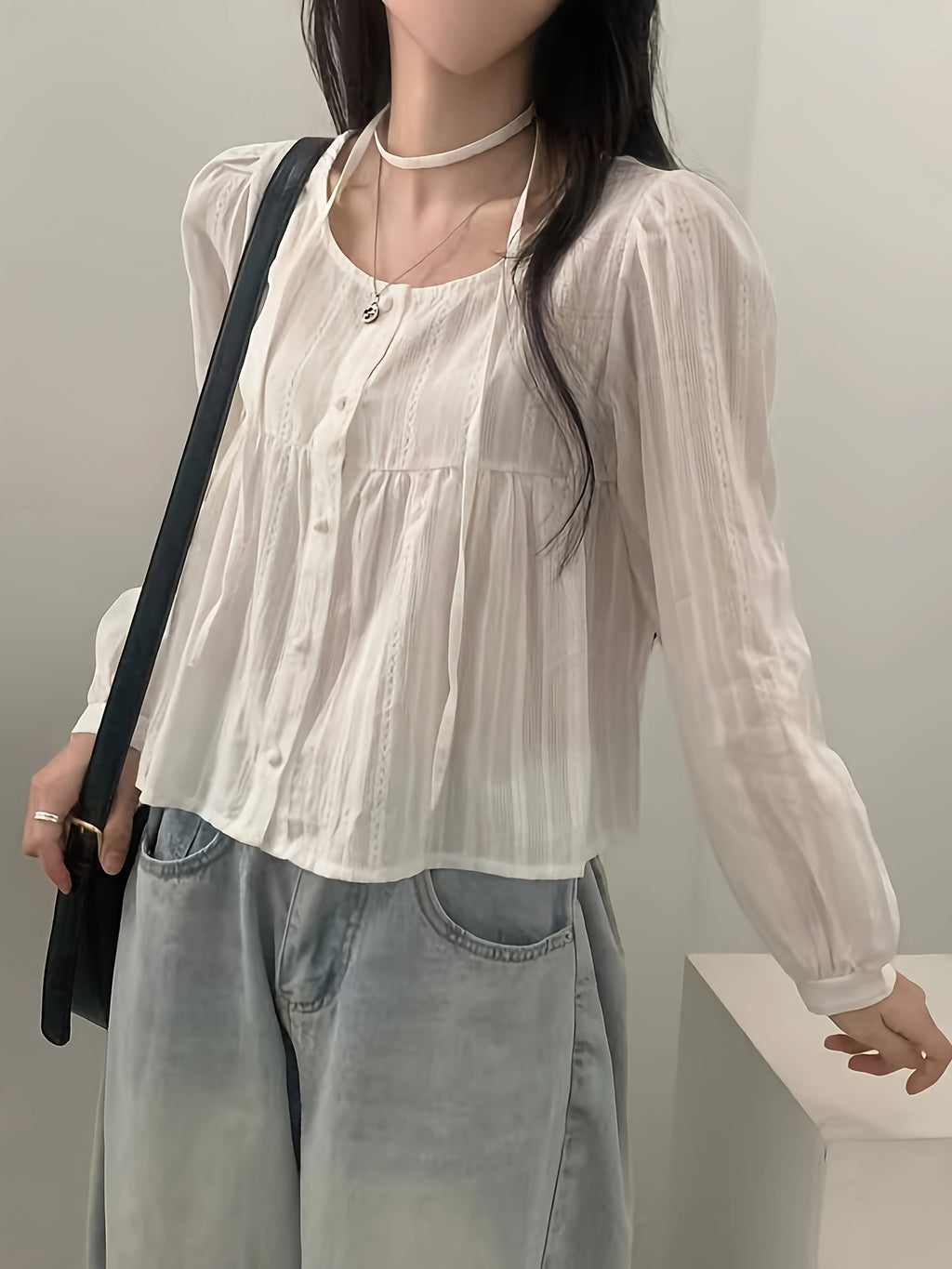 Women's Casual Spring/Summer Vintage Round Neck Loose Bubble Sleeve Long Sleeve Shirt Top - White