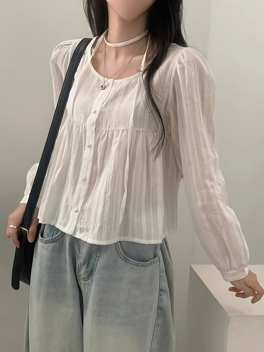 Women's Casual Spring/Summer Vintage Round Neck Loose Bubble Sleeve Long Sleeve Shirt Top - White
