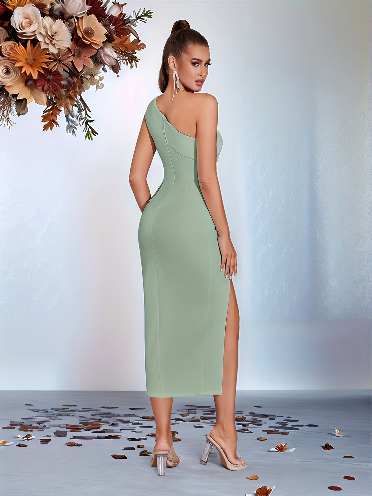 In-Stock Style Off-Shoulder Ruched Front-Slit Prom Party Dress - White Green