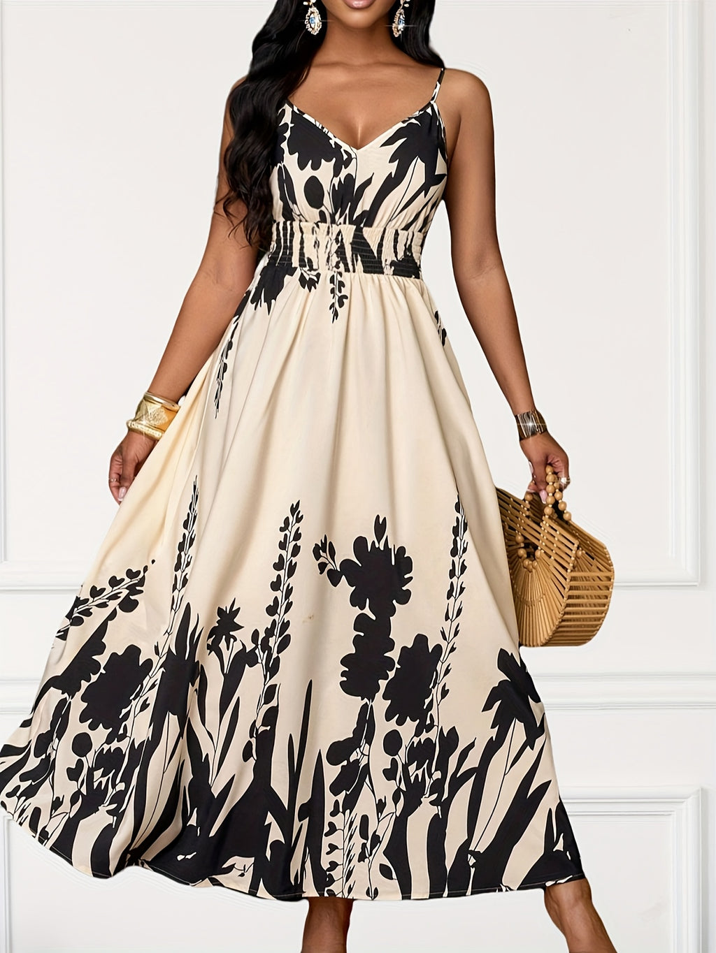 Elegant Women's Printed Spaghetti Strap V-Neck Sleeveless Dress - Apricot