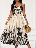 Elegant Women's Printed Spaghetti Strap V-Neck Sleeveless Dress - Apricot