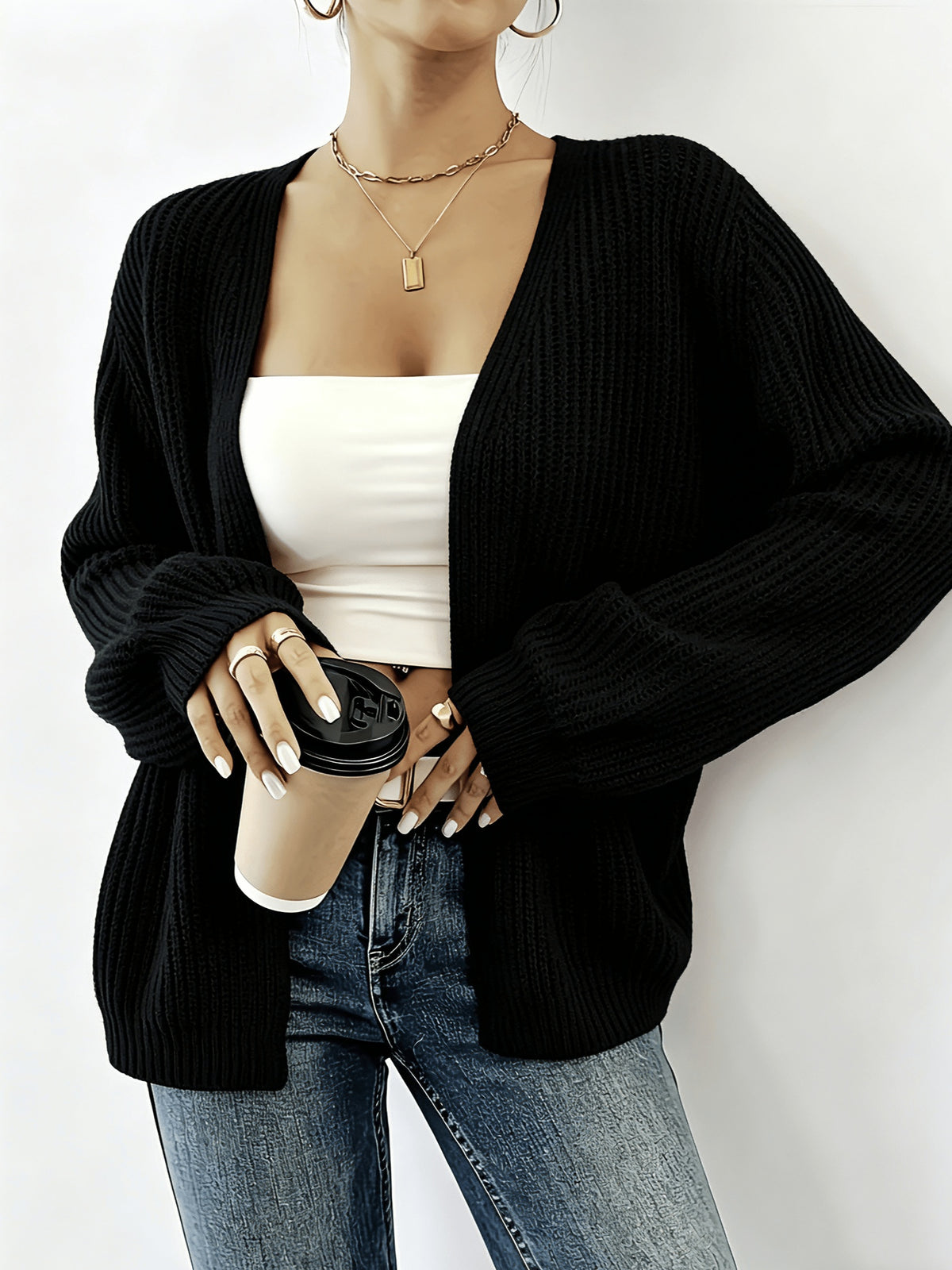 Women'S Comfortable And Good-Looking Long V-Neck Cardigan/Clear Texture Sweater/Very Suitable for Women/Spring Autumn Winter Style Sweater Essential for Women This Is a Set of Fashionable And Comfortable Women'S Clothing with Loose Fit And Lantern S - Black