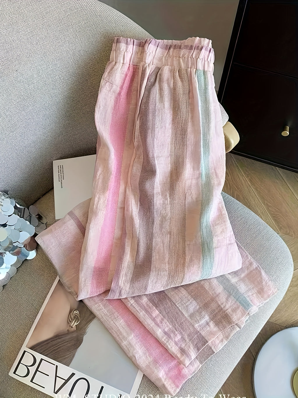Women'S Multicolor Striped Elastic Waist Wide Leg Straight Casual Trousers LL168 - Mixed colors