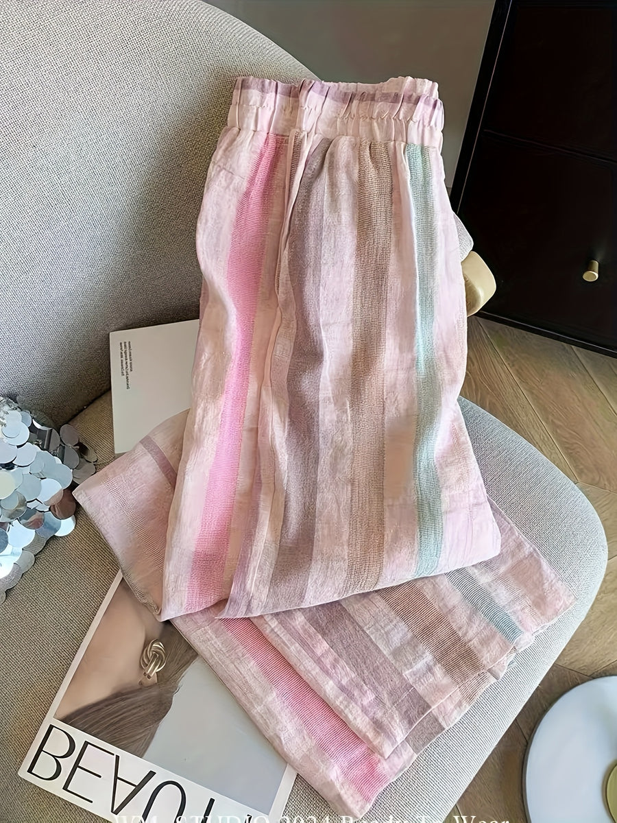 Women'S Multicolor Striped Elastic Waist Wide Leg Straight Casual Trousers LL168 - Mixed colors