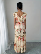 V-Neck Digital Floral Print Vacation Ruffled Waist A-Line Elegant Romantic Women'S Dress - Apricot