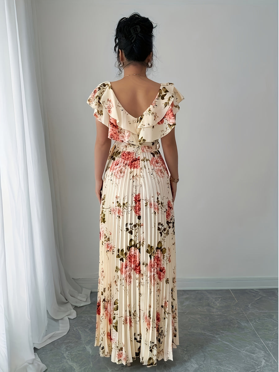 V-Neck Digital Floral Print Vacation Ruffled Waist A-Line Elegant Romantic Women'S Dress - Apricot