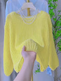 Women's New Spring/Summer Hollow-Out Solid Color One-Shoulder Pullover Knitwear, Casual Style Outer Cover-Up Shirt - Yellow