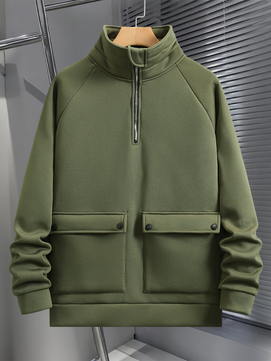 Men's Fashion Raglan Sleeve Sweatshirt with Half-Zip Open Neckline, Autumn/Winter Casual Versatile Long-Sleeve Sweatshirt - Olive Green