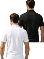 2pcs Men'S Short Sleeve Casual Athletic Polo Shirt Set, Zipper Collar, Comfortable And Breathable, Original Design - White And Black