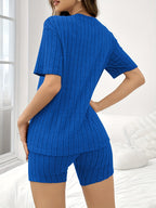 Brand New Summer Collection Featuring Solid Color Ribbed Shorts And Round-Neck Short-Sleeve T-Shirts - Blue