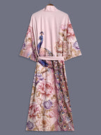 Japanese Peacock Pink Floral Print Mid-Length Kimono Cardigan Thin Jacket Women'S Western Elegant Party Ethnic Style Spring Summer Street Casual Cover-Up Outerwear Beach Travel Thin Shawl Coat Bathrobe Dress Robe Blouse - Pink Color