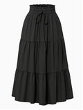Women's Olive Green Pleated Midi Skirt - Lightweight Adjustable Drawstring Waist, Hand Washable Spring/Summer Elegant Solid Color Skirt for Casual & Formal Outfits, Casual Attire, Nontransparent Fabric, Spring Fashion, Classic Style, Breathable Material - Black