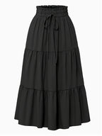 Women's Olive Green Pleated Midi Skirt - Lightweight Adjustable Drawstring Waist, Hand Washable Spring/Summer Elegant Solid Color Skirt for Casual & Formal Outfits, Casual Attire, Nontransparent Fabric, Spring Fashion, Classic Style, Breathable Material - Black