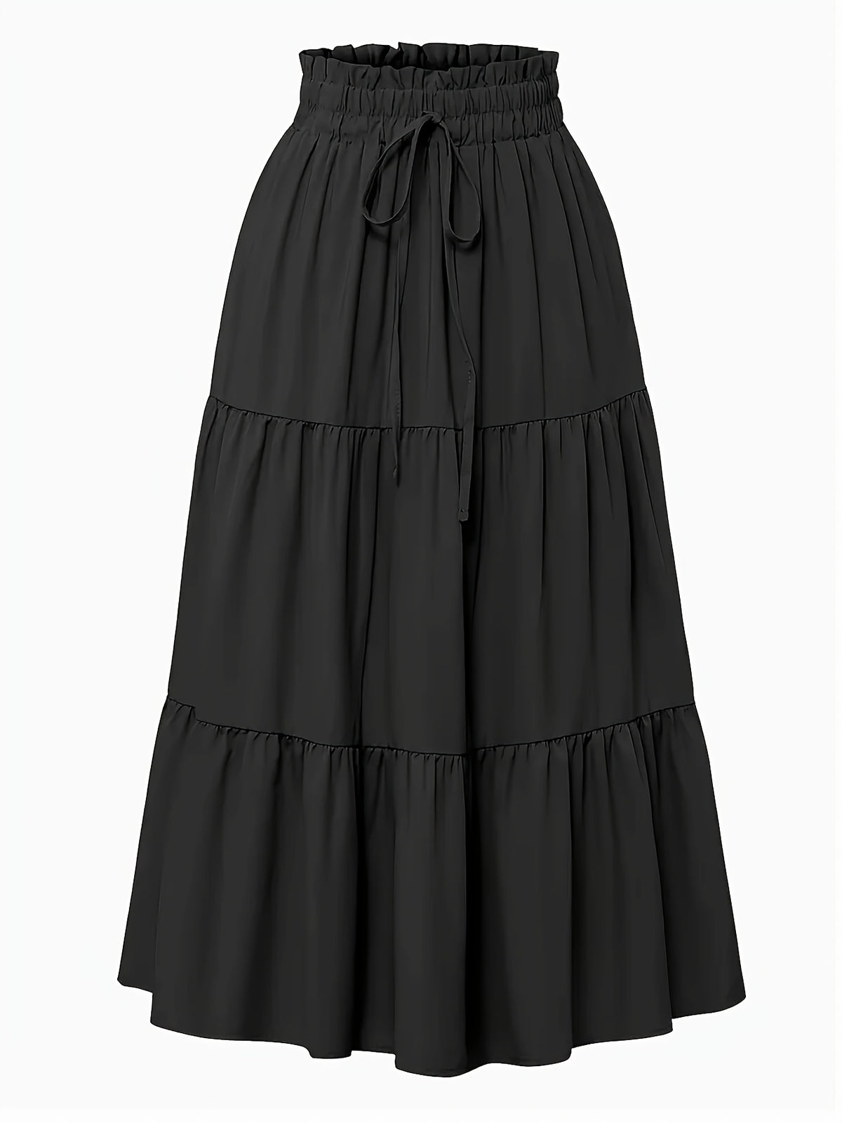 Women's Olive Green Pleated Midi Skirt - Lightweight Adjustable Drawstring Waist, Hand Washable Spring/Summer Elegant Solid Color Skirt for Casual & Formal Outfits, Casual Attire, Nontransparent Fabric, Spring Fashion, Classic Style, Breathable Material - Black