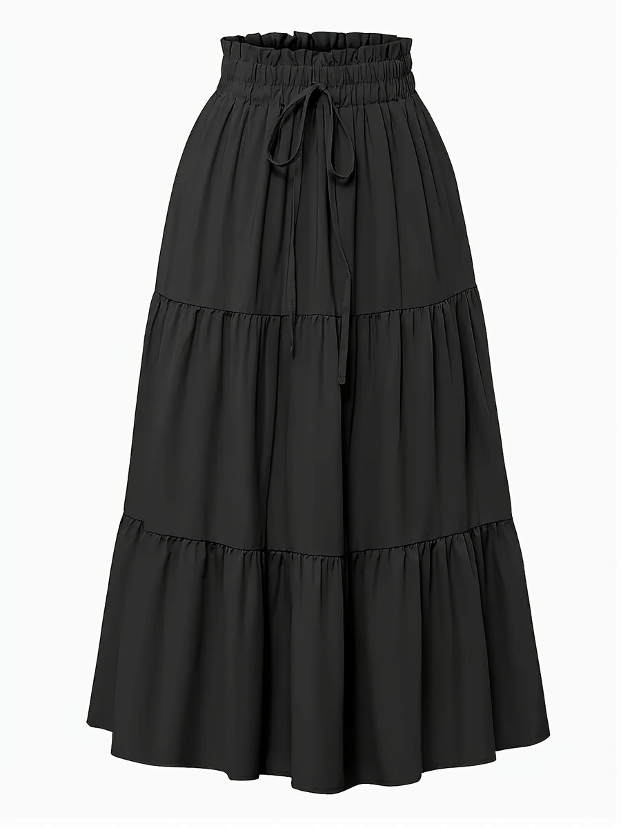 Women's Olive Green Pleated Midi Skirt - Lightweight Adjustable Drawstring Waist, Hand Washable Spring/Summer Elegant Solid Color Skirt for Casual & Formal Outfits, Casual Attire, Nontransparent Fabric, Spring Fashion, Classic Style, Breathable Material - Black