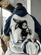Warner Autumn/Winter New Arrival Men's Hooded Jacket Top, Streetwear Trendy Casual Versatile Color-Block Spliced Top, Cartoon Rabbit Drinking Milk Tea Graffiti, High Street Streetwear Brand Fashion Loose Fit Couple's Fashion Sweatshirt - Light Twist Gray