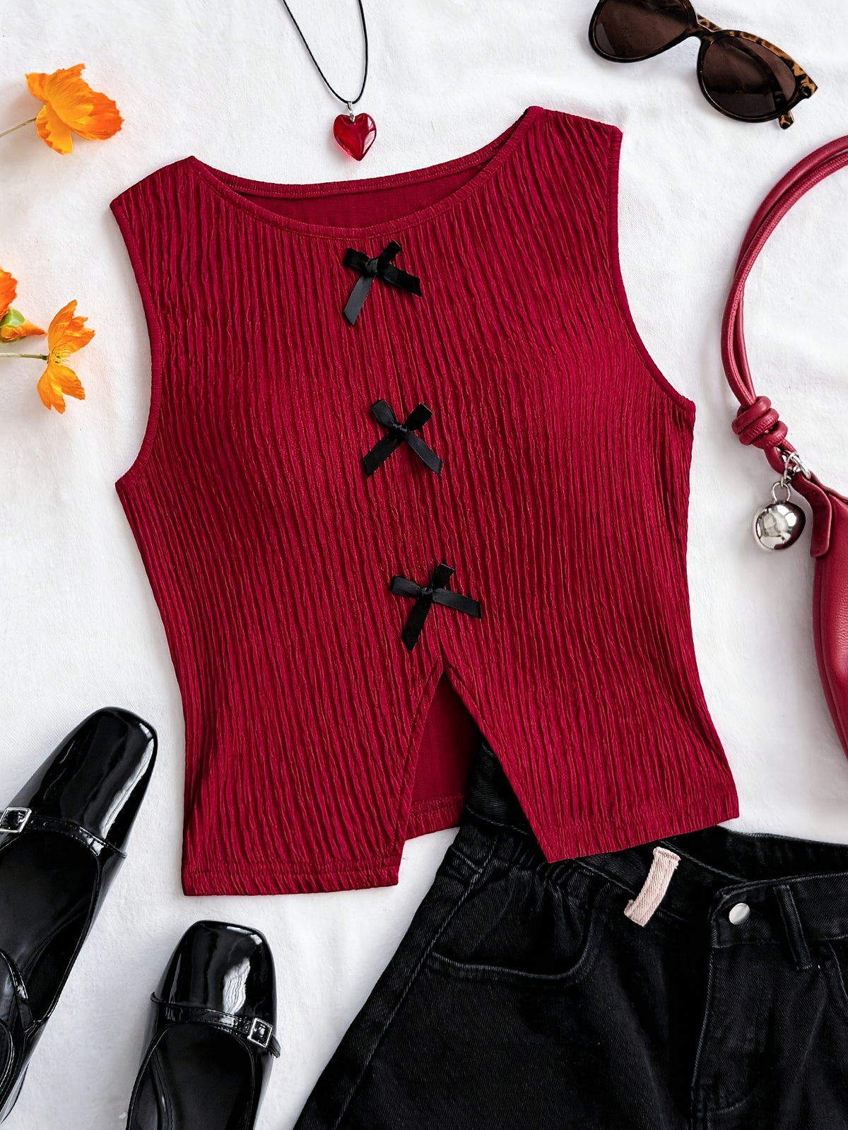Women'S Fashion Bow Tie Decorated Vest - Burgundy