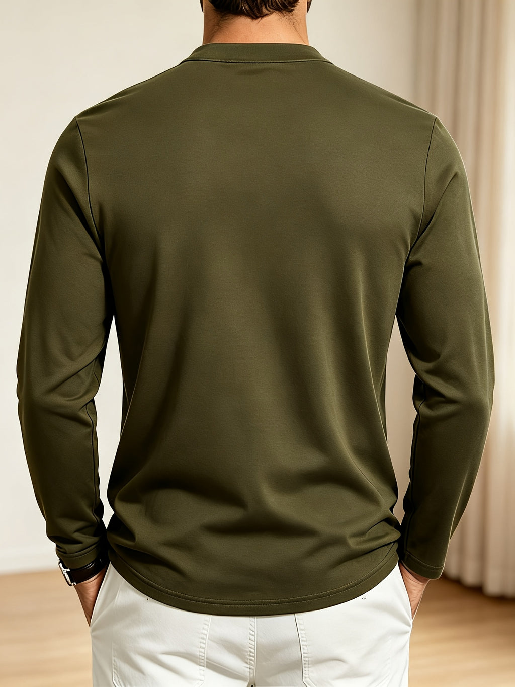 Men Spring Autumn Textured Mandarin Collar Henley 5-button Long Sleeve Top. Slim Soft Breathable Wrinkle-resistant Long Tee for Daily Business Commute & Casual Wear. - Tactical Green