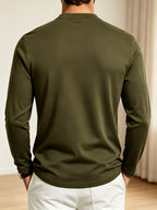 Men Spring Autumn Textured Mandarin Collar Henley 5-button Long Sleeve Top. Slim Soft Breathable Wrinkle-resistant Long Tee for Daily Business Commute & Casual Wear. - Tactical Green