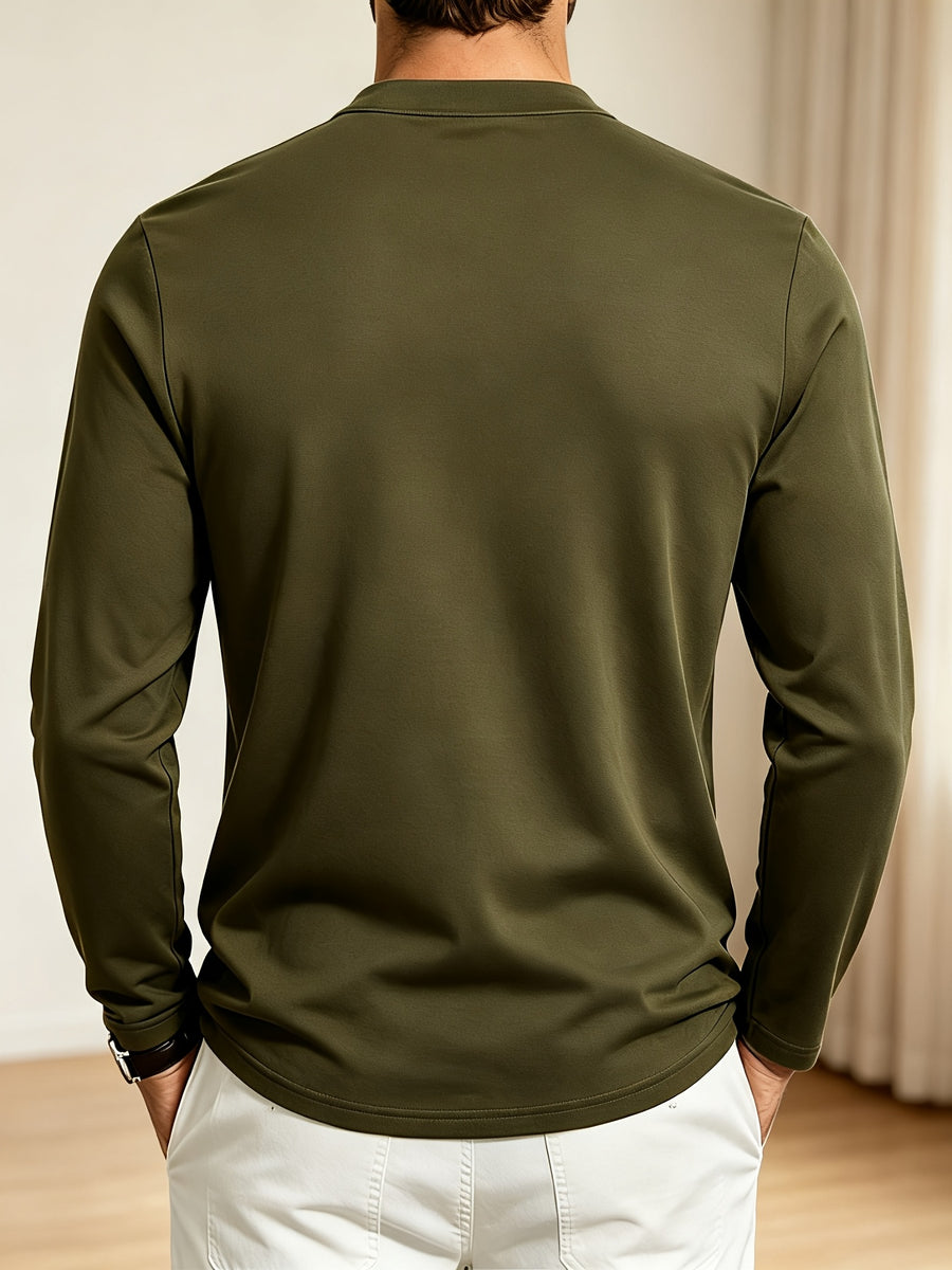Men Spring Autumn Textured Mandarin Collar Henley 5-button Long Sleeve Top. Slim Soft Breathable Wrinkle-resistant Long Tee for Daily Business Commute & Casual Wear. - Tactical Green