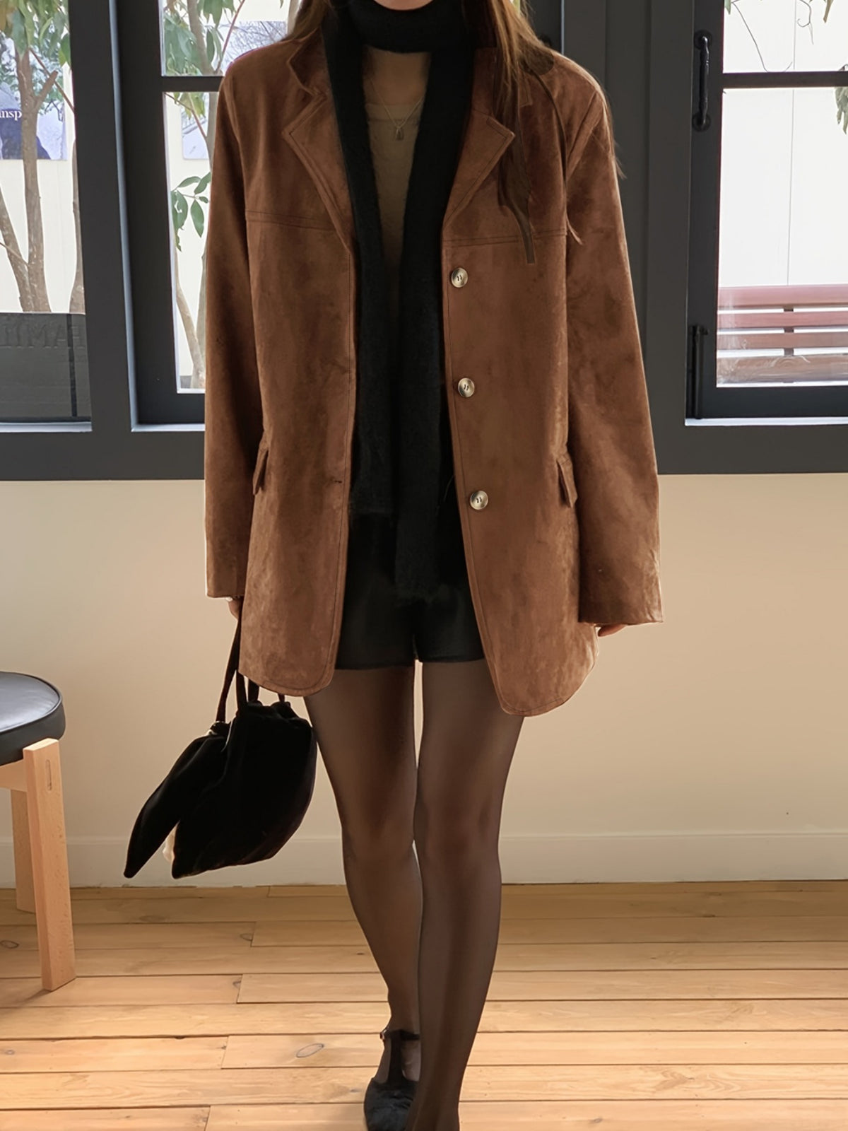 Fashion Women'S Faux Suede Mid-Length Blazer, Lapel Single-Button Jacket with Flap Pockets And Cuff Buttons, Suitable for Outdoor Travel, Street Style, And Autumn Casual Outfits - Coffee Color