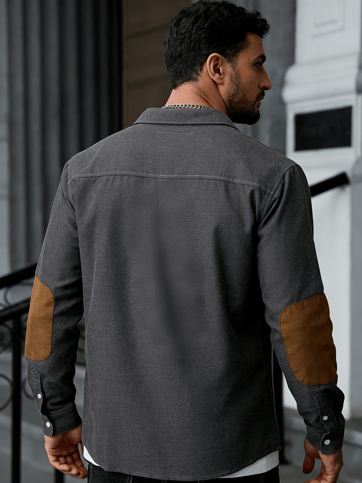Elegant Men'S Oxford Weave Elbow Patch Shirt - White