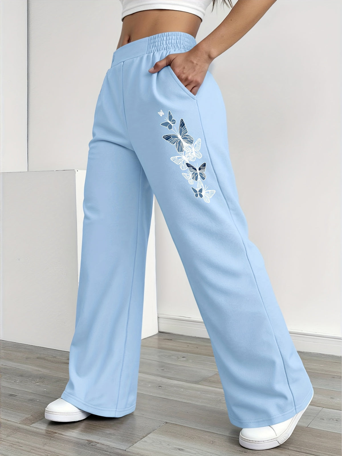 Women's Elastic Waist Straight Leg Pants with Butterfly Pattern, Korean Style Commuter Fashion, Wrinkle- and No Ironing, Petite Friendly, and Concealing, Cross-Border, Elegant Women's Autumn Clothing, Flash - Sky Blue
