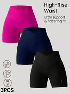 3pcs Set of Women'S New Waist-Cinching Short Shorts, Tummy Control And Butt Lift, Suitable for And - Black + Rose Red + Tibetan Blue